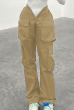 Khaki Fashion Casual Solid Patchwork Regular Mid Waist Trousers