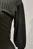 ブラックカジュアルソリッドパッチワークベルト付きタートルネックワンステップスカートドレス
