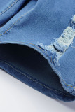 Donkerblauwe Mode Sexy Strakke Gescheurde Denim Shorts