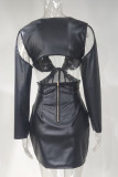 Zwarte mode sexy patchwork uitgeholde doorschijnende V-hals jurken met lange mouwen