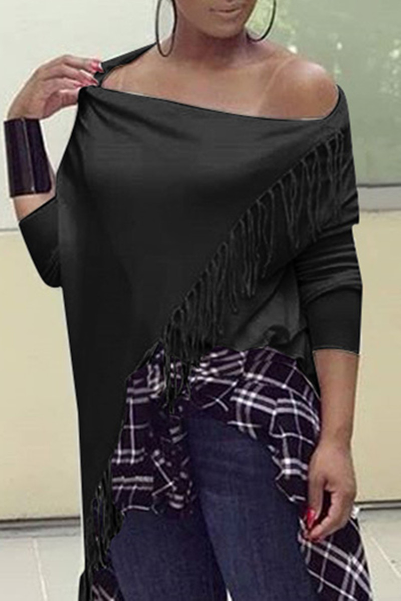 

Black Fashion Casual Solid Tassel Asymmetrical Oblique Collar Tops