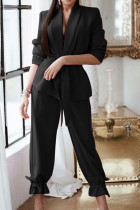 Black Casual Solid Draw String With Belt Turndown Collar Long Sleeve Two Pieces