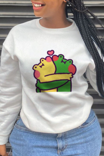 White Fashion Casual Character Patchwork O Neck Tops
