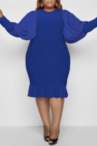 Vestidos azuis moda casual patchwork sólido com decote oco manga longa plus size