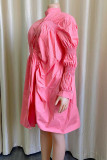 Rosa casual sólido patchwork fivela dobrada gola mandarim assimétrica camisa vestidos vestidos