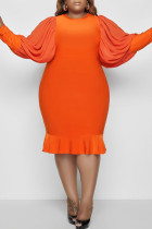 Orangefarbene, modische, lässige, solide Patchwork-Kleider mit O-Ausschnitt und langen Ärmeln in Übergröße