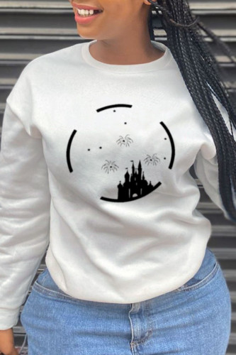 White Fashion Casual Print Patchwork O Neck Tops