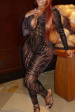 Black Sexy Print Patchwork See-through V Neck Jumpsuits