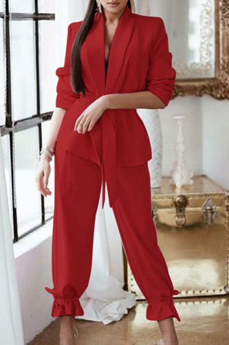 Red Casual Solid Draw String With Belt Turndown Collar Long Sleeve Two Pieces