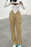 Khaki Fashion Casual Solid Patchwork Regular Mid Waist Trousers