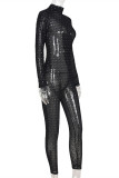 Schwarze Mode Sexy Patchwork Solide durchsichtige Rollkragen-Skinny-Overalls