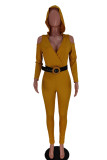 Black Fashion Casual Solid Hollowed Out V Neck Regular Jumpsuits (With Belt)
