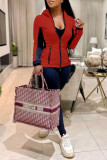 Red Fashion Casual Patchwork Basic Hooded Collar Long Sleeve Two Pieces