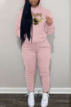 Rose Casual Lettre Imprimer Draw String Poche Col À Capuche Manches Longues Deux Pièces