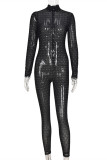 Schwarze Mode Sexy Patchwork Solide durchsichtige Rollkragen-Skinny-Overalls