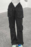 Zwarte mode casual effen patchwork broek met normale middentaille