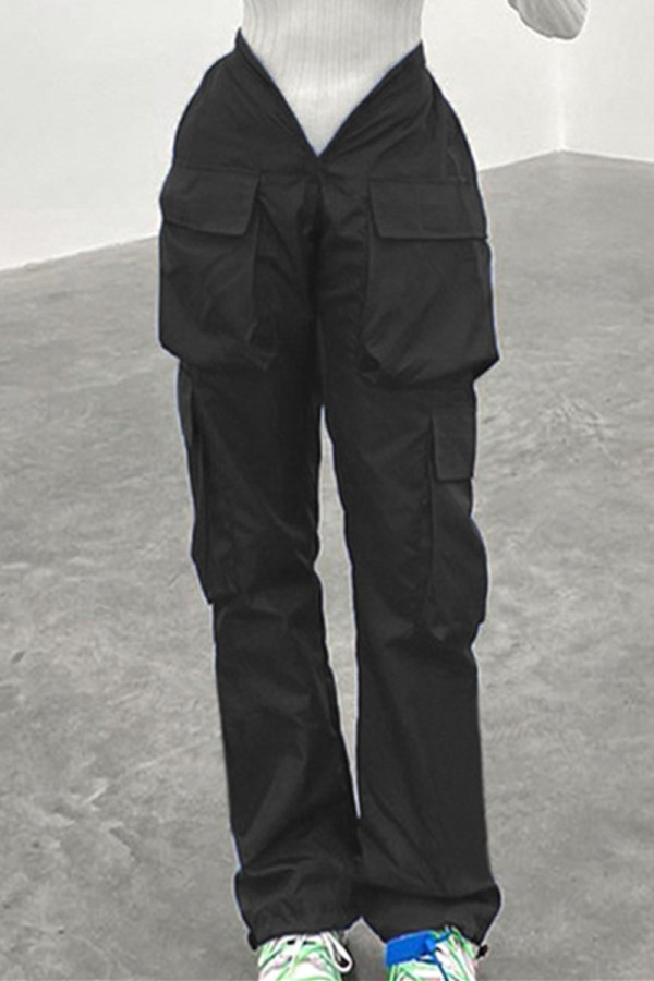 ブラック ファッション カジュアル ソリッド パッチワーク レギュラー ミッド ウエスト パンツ