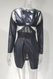 Vestidos de manga larga con cuello en V transparente ahuecados de patchwork sexy de moda negro