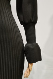 ブラックカジュアルソリッドパッチワークベルト付きタートルネックワンステップスカートドレス