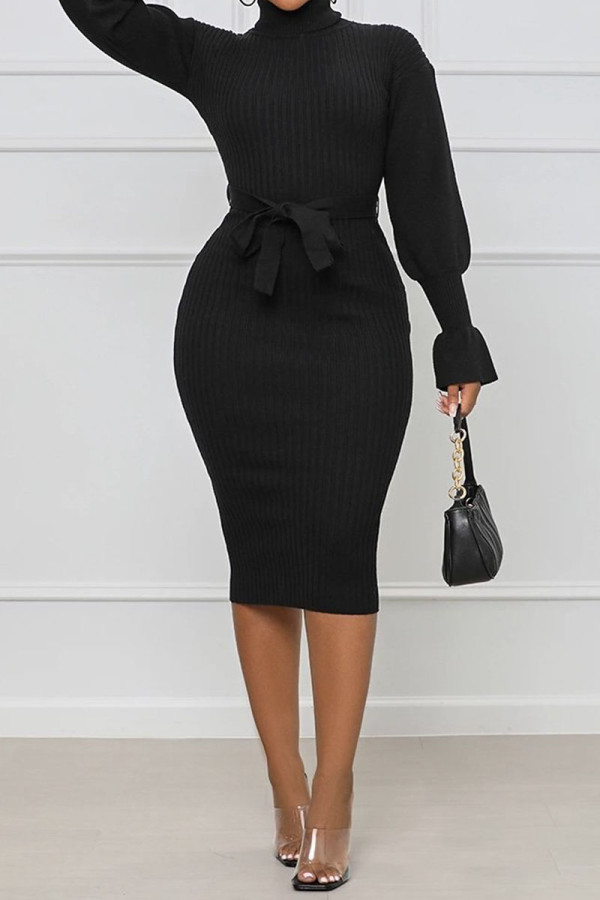 Black Casual Solid Patchwork With Belt Turtleneck One Step Skirt Dresses