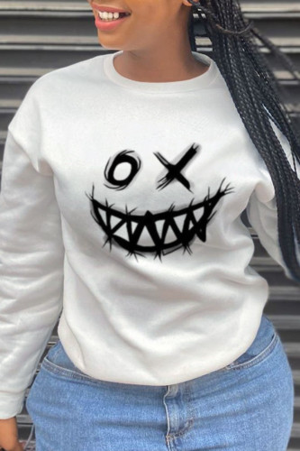 White Fashion Casual Print Patchwork O Neck Tops