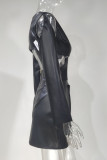 Schwarze, modische, sexy Patchwork-Höhlung, durchsichtige, langärmlige Kleider mit V-Ausschnitt