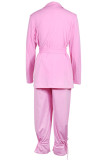 Pink Casual Solid Draw String With Belt Turndown Collar Long Sleeve Two Pieces