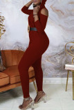 Burgundy Fashion Casual Solid Hollowed Out V Neck Regular Jumpsuits (With Belt)