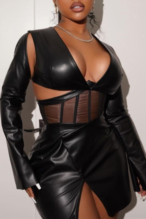 Черные модные сексуальные лоскутные выдалбливают прозрачные платья с V-образным вырезом и длинными рукавами