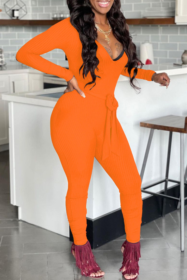 Macacão skinny casual fashion laranja com cinto decote em v