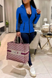 Blue Fashion Casual Patchwork Basic Hooded Collar Long Sleeve Two Pieces