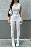 White Sexy Casual Solid Slit Vests O Neck Sleeveless Two Pieces