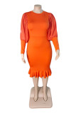 オレンジファッションカジュアル固体パッチワーク O ネック長袖プラスサイズのドレス