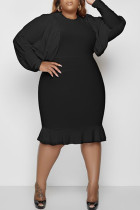 Черные модные повседневные однотонные лоскутные платья с круглым вырезом и длинными рукавами больших размеров