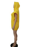 イエロー カジュアル ソリッド パッチワーク フード付き カラー ドレス