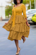 Yellow Fashion Casual Dot Print Split Joint V Neck Long Sleeve Dresses
