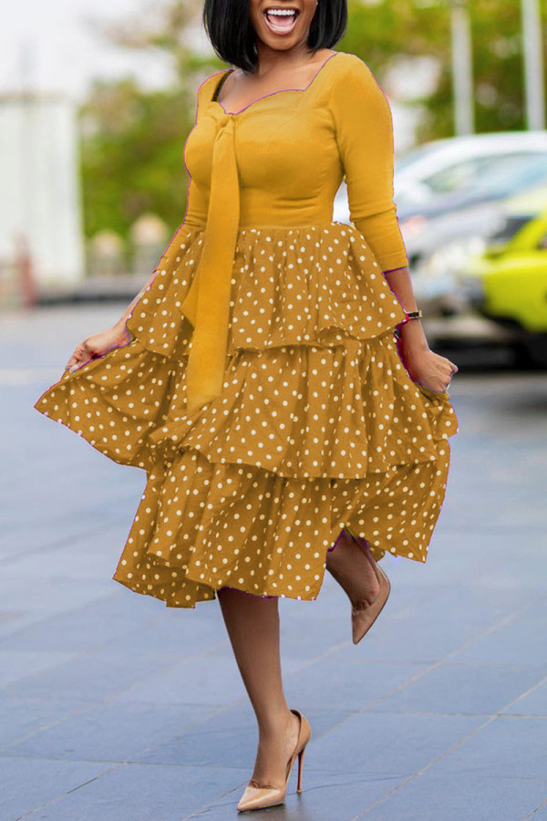 Gelbe, modische, lässige Patchwork-Kleider mit V-Ausschnitt und langen Ärmeln