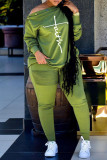 Moda verde casual estampado patchwork cuello oblicuo manga larga dos piezas