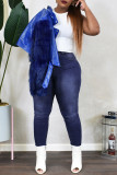 Jeans taglie forti con fasciatura solida casual alla moda blu profondo