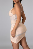 Pink Sexy Patchwork Hot Drilling See-through Backless V Neck Sling Dress