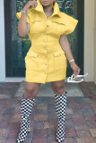 Yellow Fashion Casual Solid Patchwork Turndown Collar Dresses