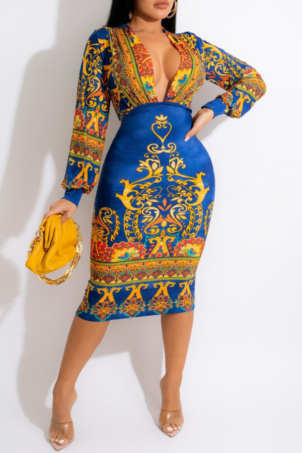 Blauwe mode-casual print-patchwork-jurken met V-hals en lange mouwen