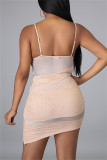 Pink Sexy Patchwork Hot Drilling See-through Backless V Neck Sling Dress