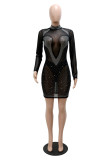 Black Fashion Sexy Patchwork Hot Drilling See-through Turtleneck Long Sleeve Dresses