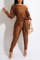Brown Casual Solid Patchwork With Belt Oblique Collar Regular Jumpsuits