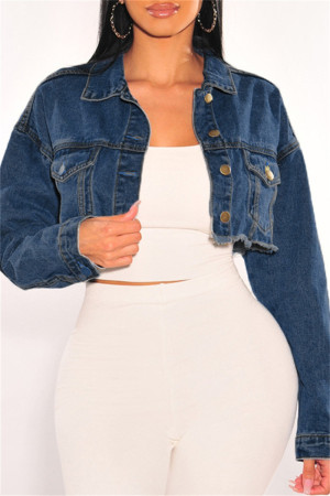 Deep Blue Fashion Casual Solid Turndown Collar Long Sleeve Regular Ripped Cropped Denim Jacket