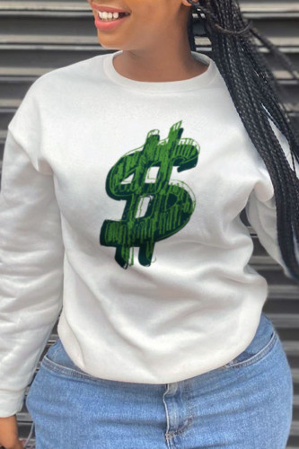 White Vintage basis Print Patchwork O Neck Tops