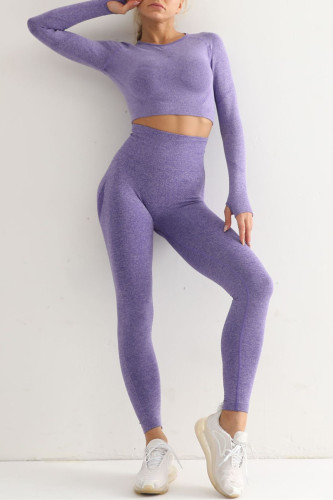Фиолетовая повседневная спортивная одежда, однотонные лоскутные узкие брюки с длинными рукавами, комплект из двух предметов