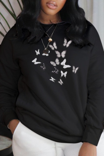 Black Fashion Street Butterfly Print Patchwork O Neck Tops