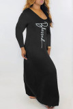 Vestidos de manga larga con cuello en V básico estampado casual de moda negro